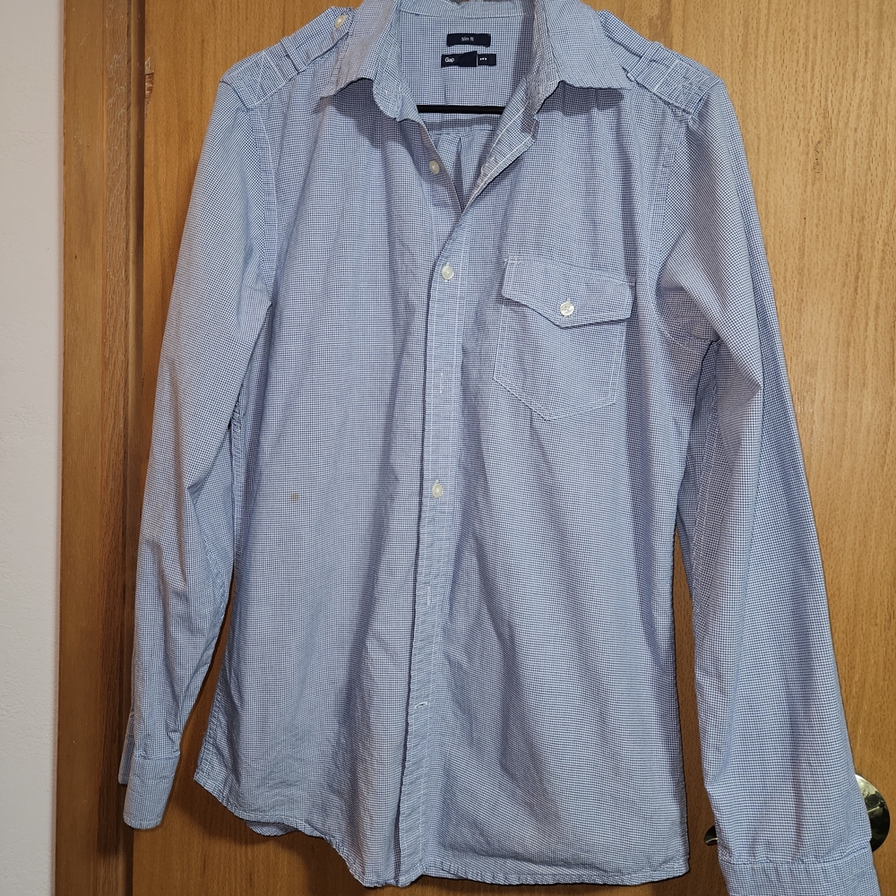 GAP Light Blue Micro-Check Long Sleeve Button-Down Shirt